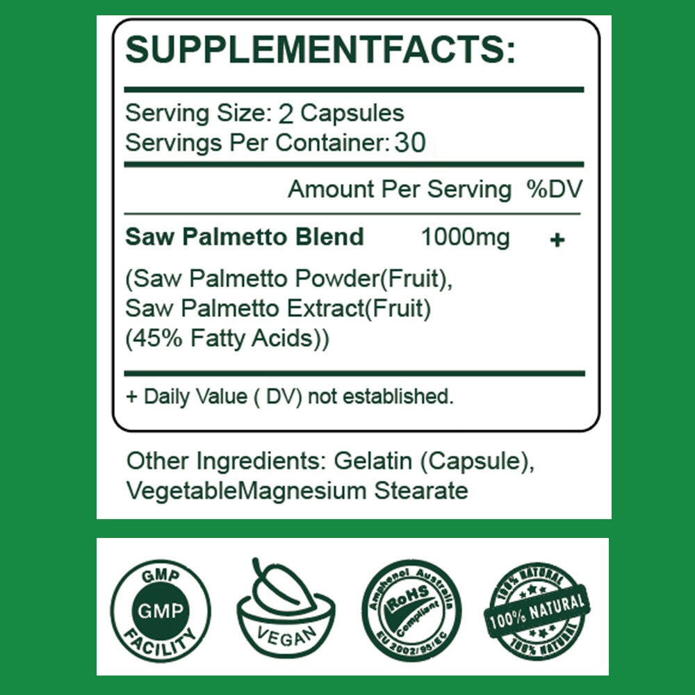 Saw Palmetto 1000mg Capsules Prostate UTI Urinary Tract Hair Loss US STOCK