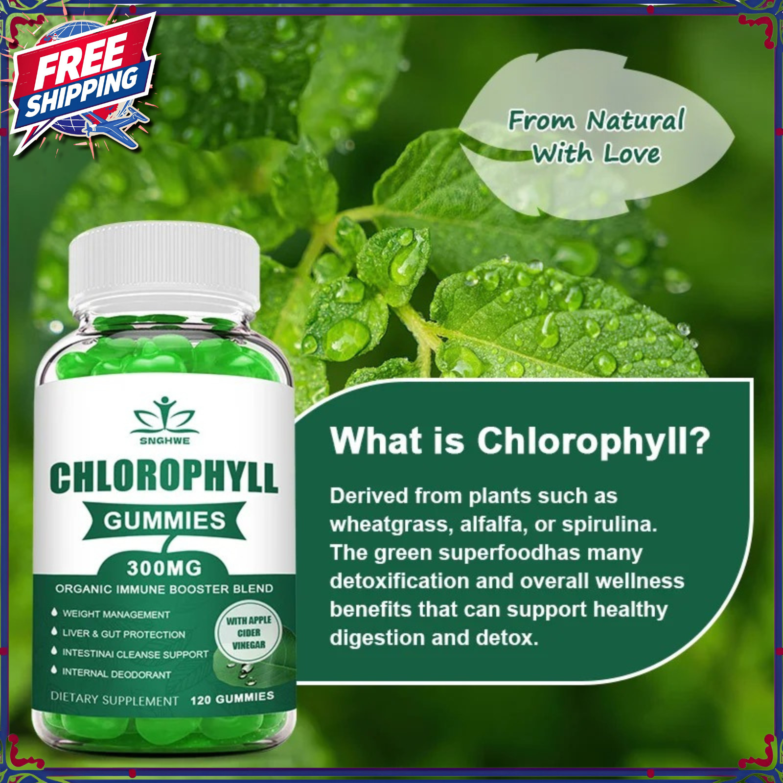 Chlorophyll Gummies with ACV Vitamin D3 C E B12 Natural Deodorant Energy Boost