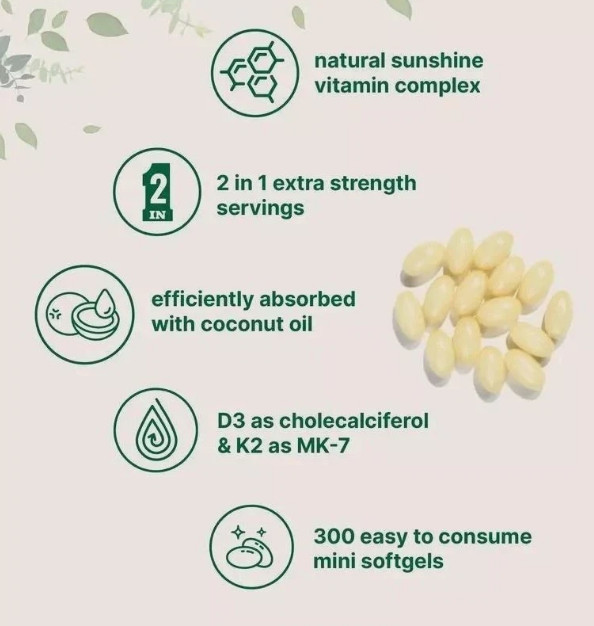 Vitamin D3 10000 iu Plus K2 (MK-7) 200 mcg, 300 Virgin Coconut Oil Softgels