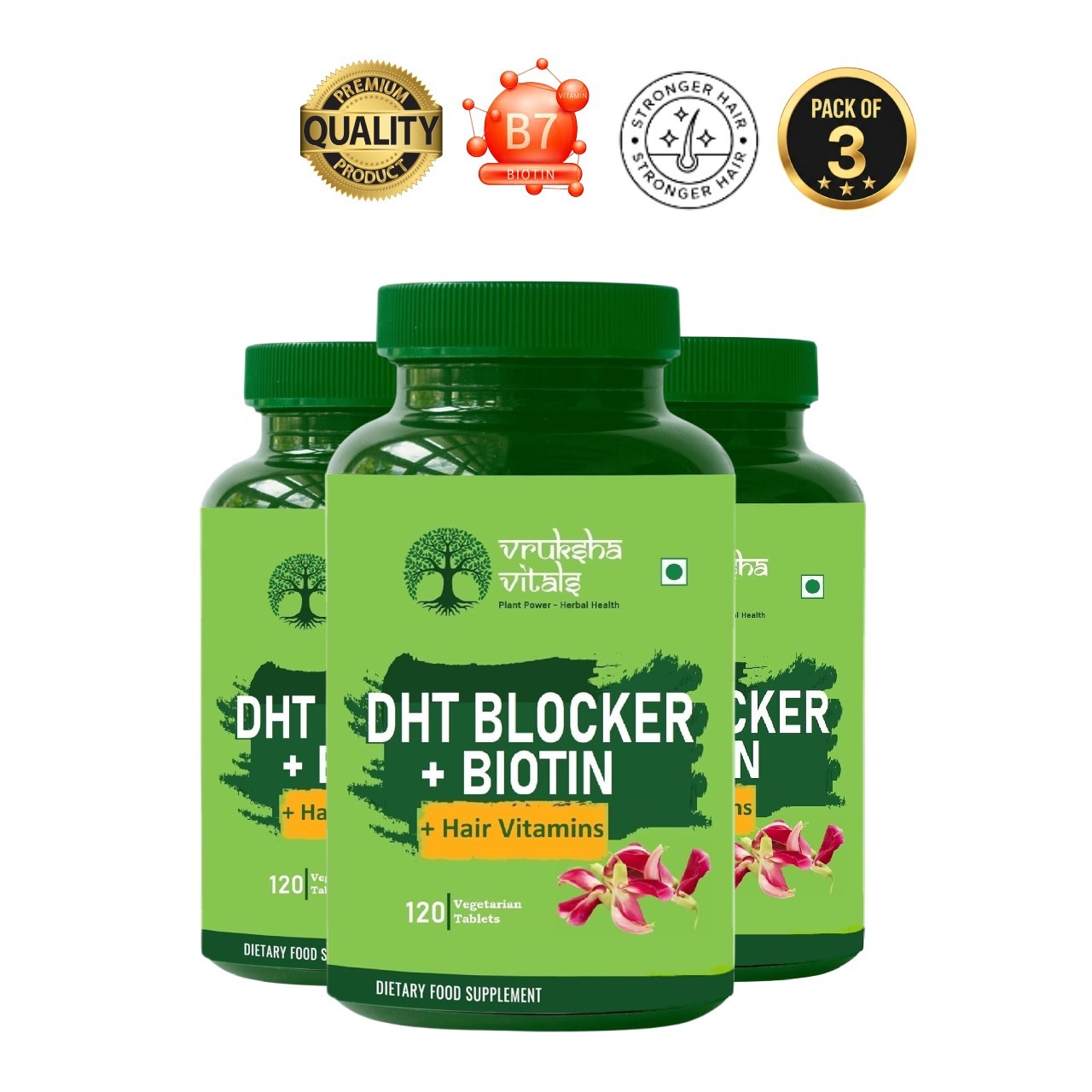 3 Pack VRUKSHA V.ITALS DHT Biotin 120 Tablets Support