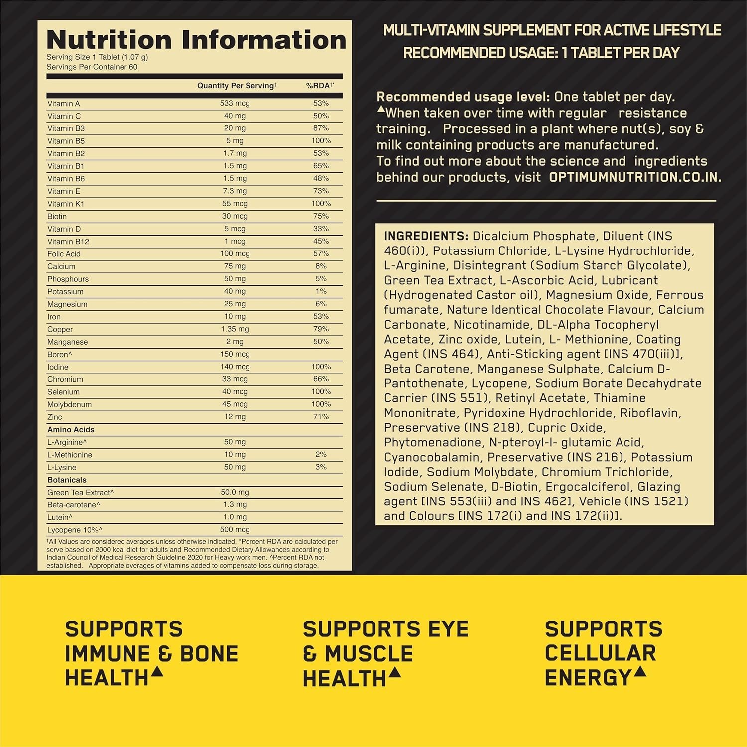 Optimum Nutrition Multivitamin & Zinc Magnesium Aspartate for Men – 60 Capsules