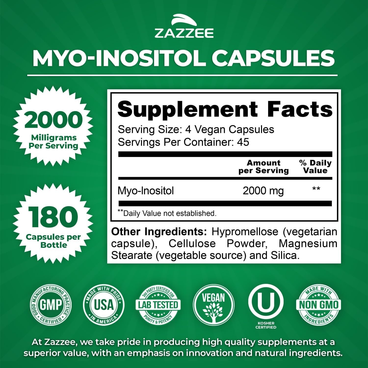 Certified Kosher Myo-Inositol 2000mg – 180 Capsules for Hormone Support