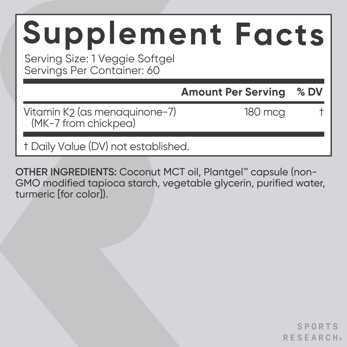 Sports Research Vegan Vitamin K2 MK7 180mcg with Coconut Oil 60 Veggie Softgels