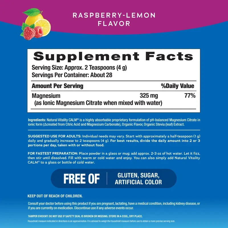 Natural Vitality CALM Raspberry Lemon Relaxing Magnesium Drink Mix 4oz28Servings