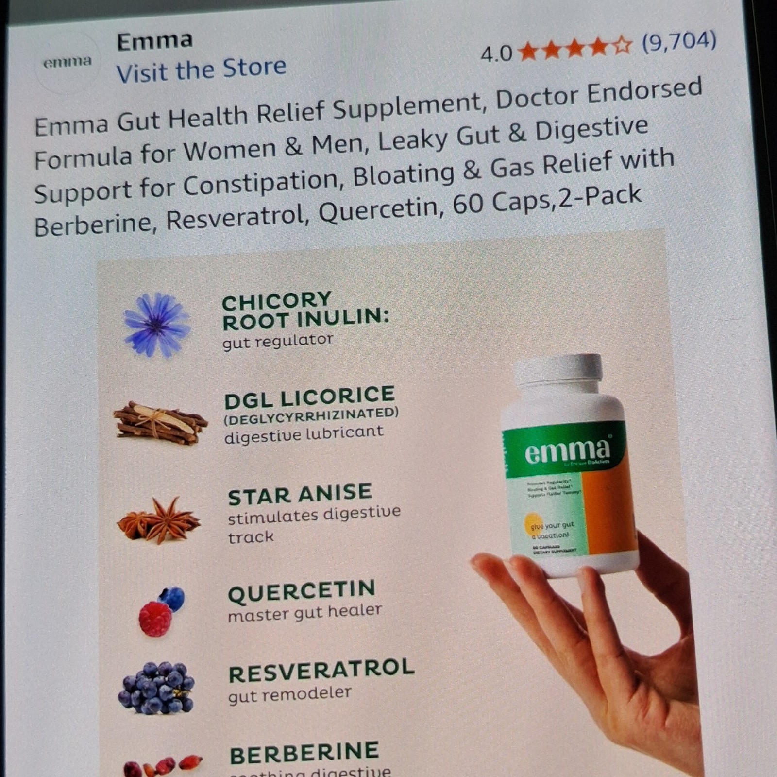2 Pack Emma Gut Health Supplement 180 Capsules for Bloating Relief & Leaky Gut