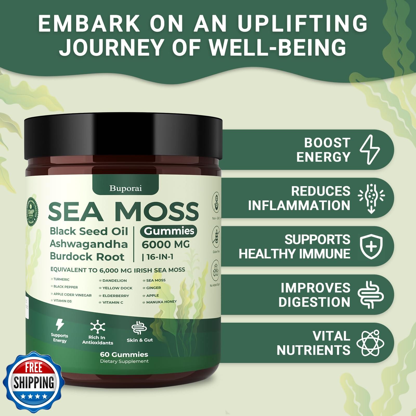 Buporai Sea Moss Gummies 16-1, Black Seed Oil Ashwagandha Turmeric Bladder Wr