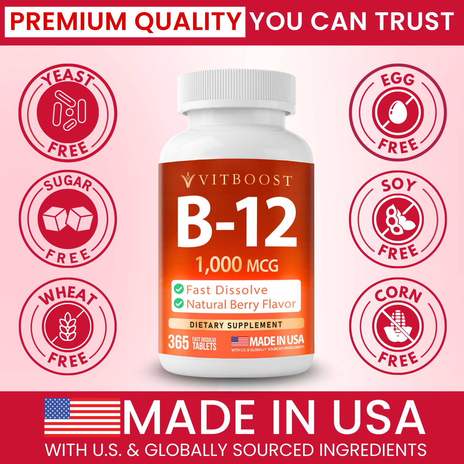 VITBOOST Vitamin B12 1000 mcg Chewable Tablets – 365 Count Natural Berry Flavor