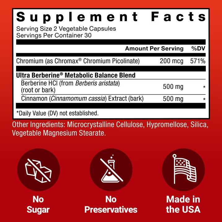 Force Factor Ultra Berberine 500mg HCL w/ Cinnamon & Chromium 60 Capsules Metabo