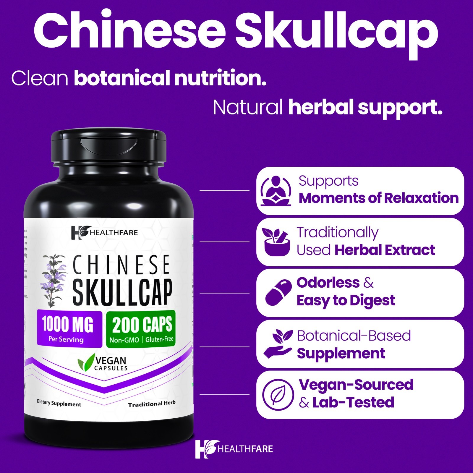Healthfare Skullcap 1000mg | 200 Capsules | Extra Strength Formula | Non-GMO
