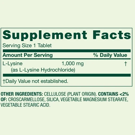 Spring Valley L-Lysine Amino Acid Supplements, 1000 mg, 100 Count