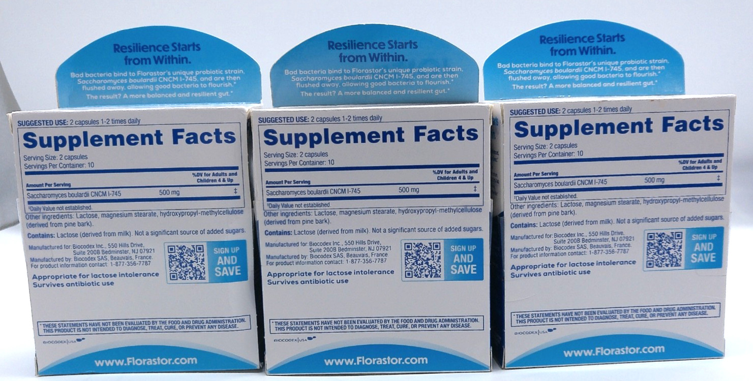3PK Florastor Dual Action Probiotic Supplement, 60Total Capsules, Exp. 9/26+