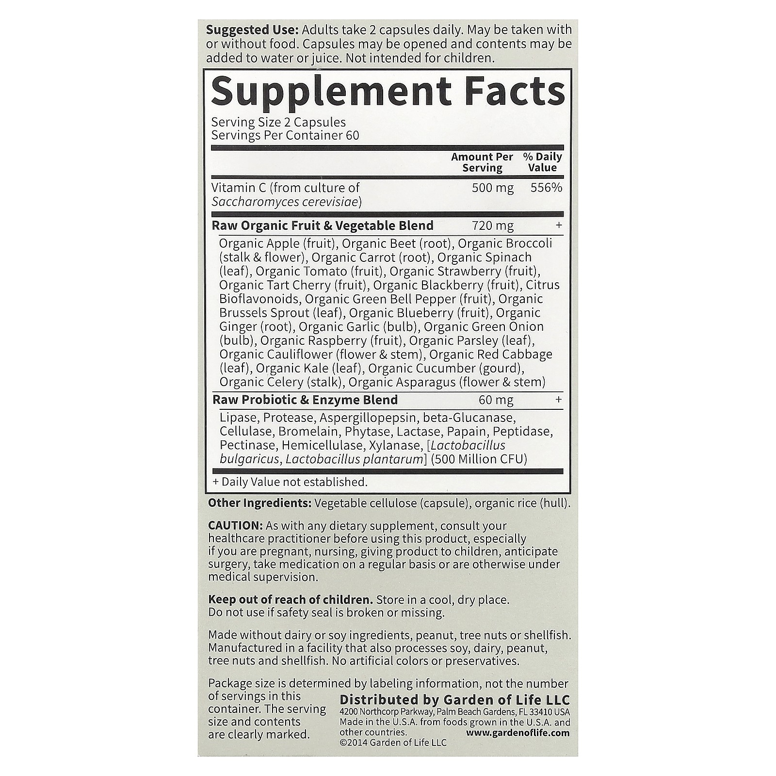 Garden of Life Vitamin Code Raw Vitamin C 120 Vegan Capsules Gluten-Free,