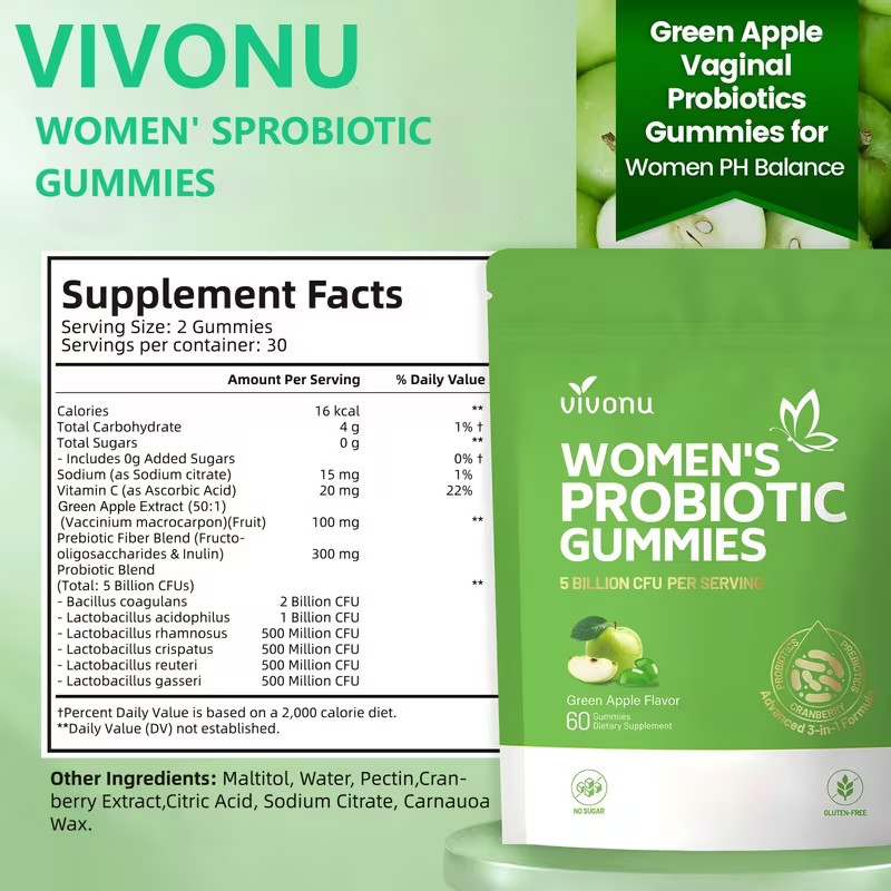 Vaginal Probiotics for Women, Feminine Balance pH Gummies 60ct/1bag Green Apple