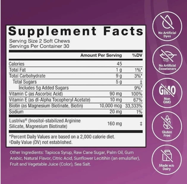 Hair Growth Accelerator Soft Chews Lustrav Biotin Mixed Berry 60 Count