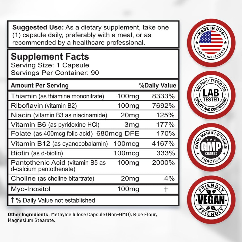 Divine Bounty Super B Complex Vitamins W/ B12 B1 B2 B3 B5 B6 B7 B9 90 Capsules