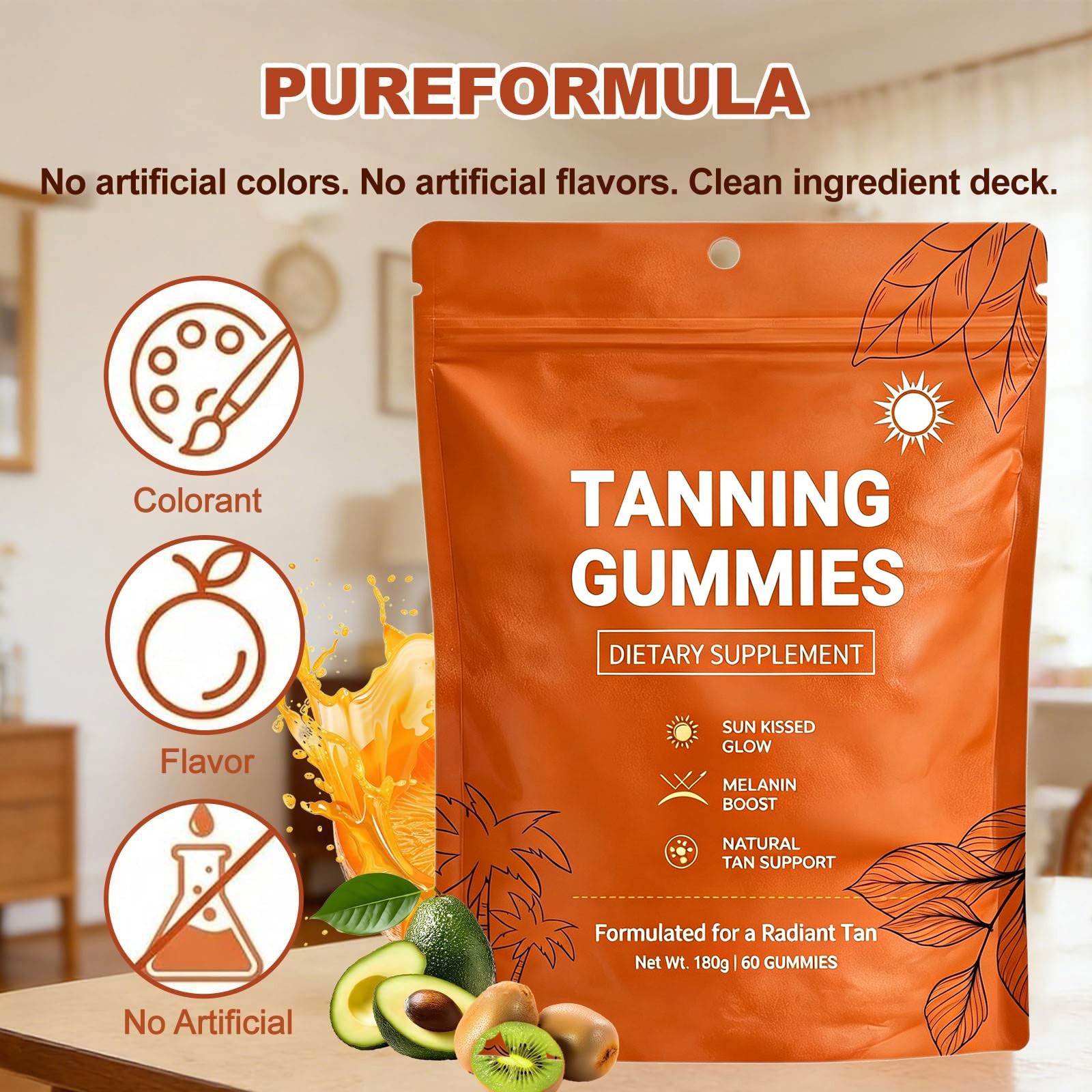 60pcs/bag Natural Daily Tanning Gummies Sunless Tan & Skin Glow Supplement