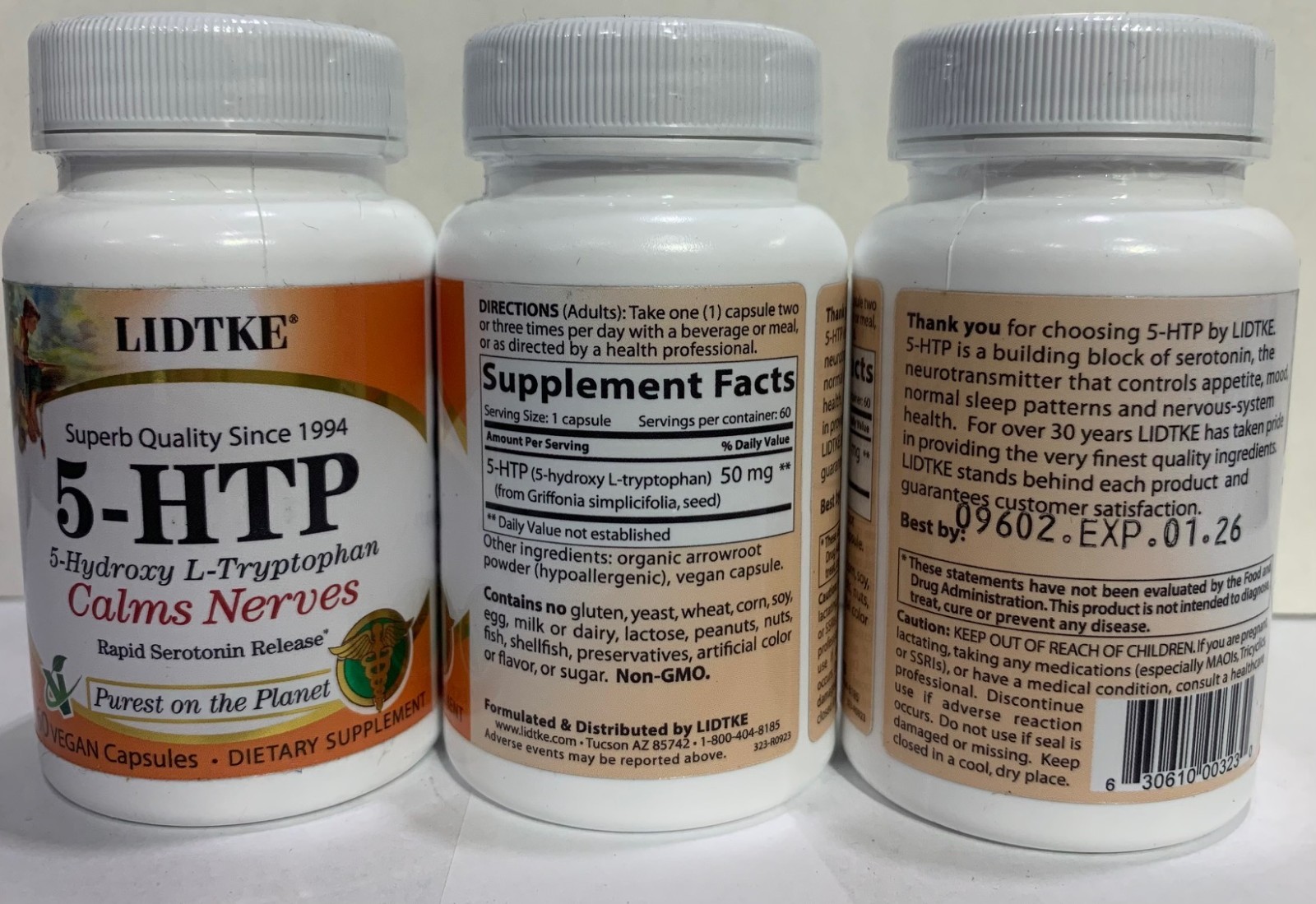 3x Lidtke | 5-HTP L-Tryptophan Calms Nerves 60 Veg Capsules (Exp 01/2026)