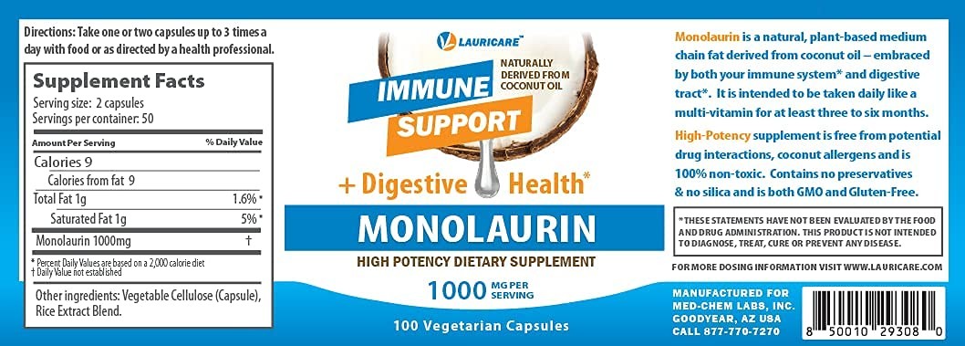 Lauricare Monolaurin Supplement for Immune Support – 100 Count (Pack of 1)