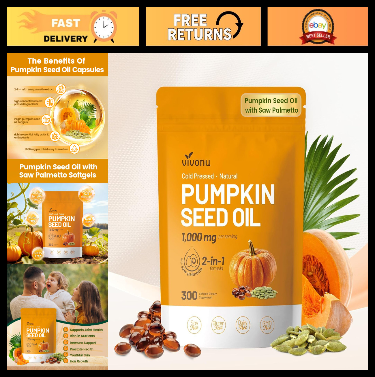 Pumpkin Seed Oil & Saw Palmetto Softgels, 300 Non-GMO Capsules | Cold Pressed, H