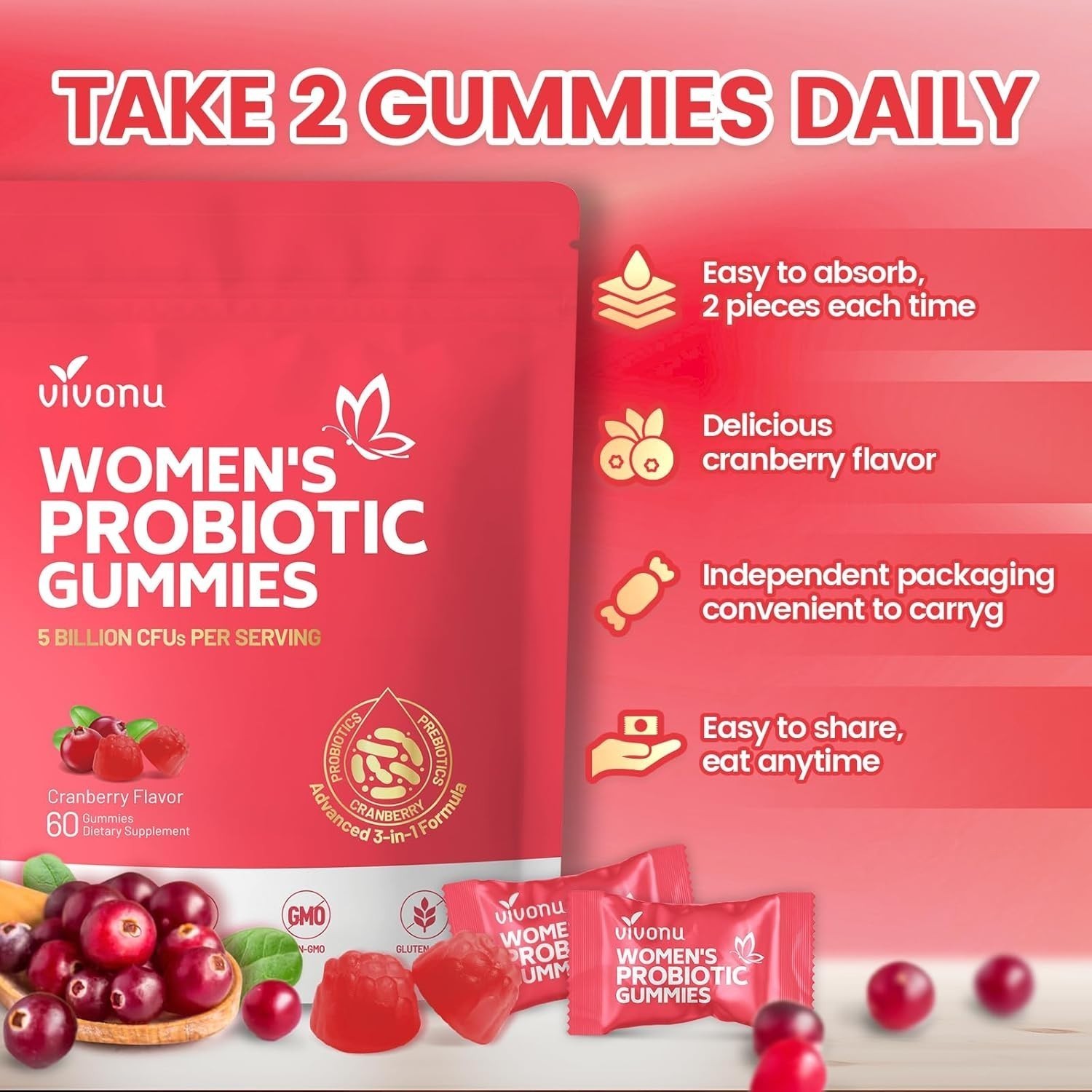 Probiotics Balance Feminine Women, pH Gummies 60pcs/1bag++ Vaginal for