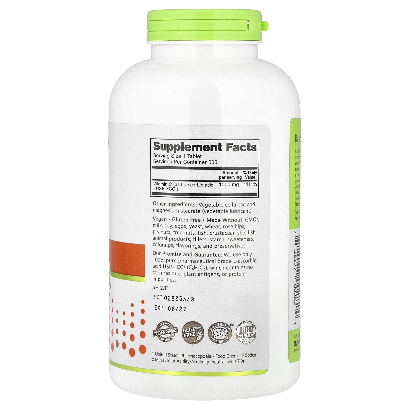 NutriBiotic Vitamin C 1000 mg 500 Vegan Tablets Hypoallergenic, No Artificial