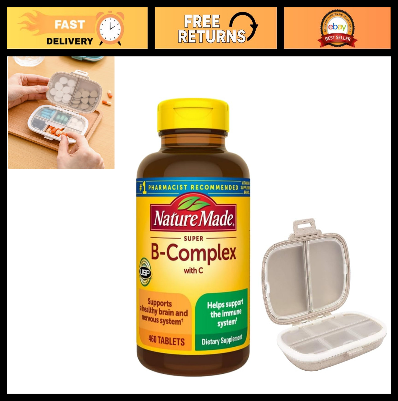Super B Complex Vitamins 460 Tablets + Pill Organizer – Energy & Metabolism Supp