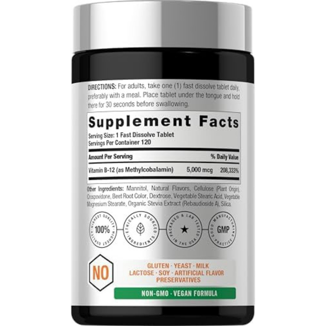 B12 Sublingual Methylcobalamin | 5000mcg | 120 Dissolvable Tablets | by Horbaach