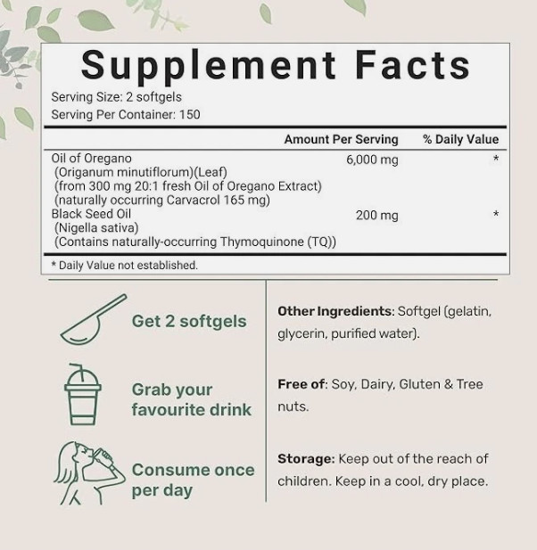 Oil of Oregano 6000mg Softgels with Black Seed Oil Carvacrol Antioxidant 300ct