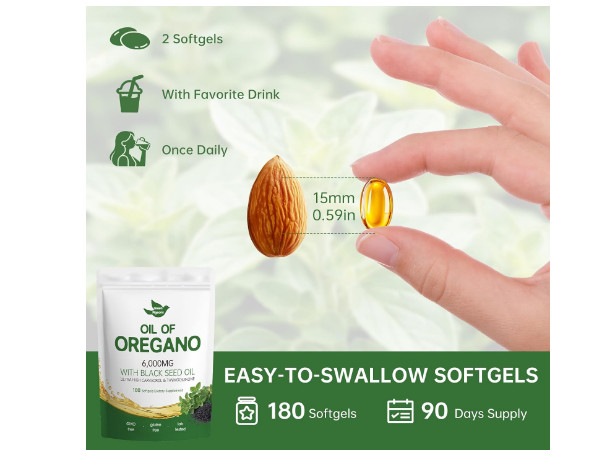Oil of Oregano 6000mg with Black Seed Oil Softgels – 180 Capsules