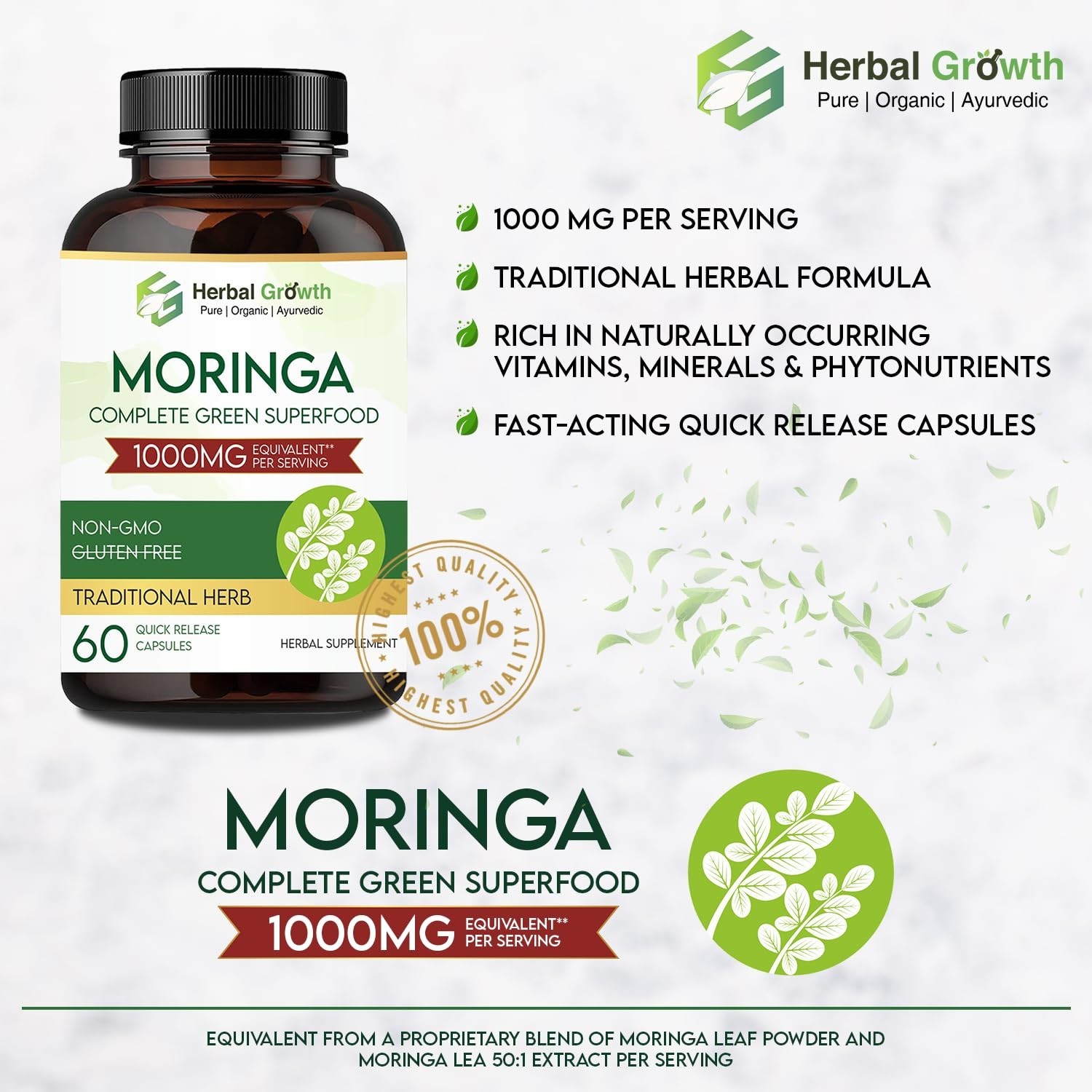 HERBAL.GROWTH Moringa 1000mg Capsules 60 Count Pack of 5