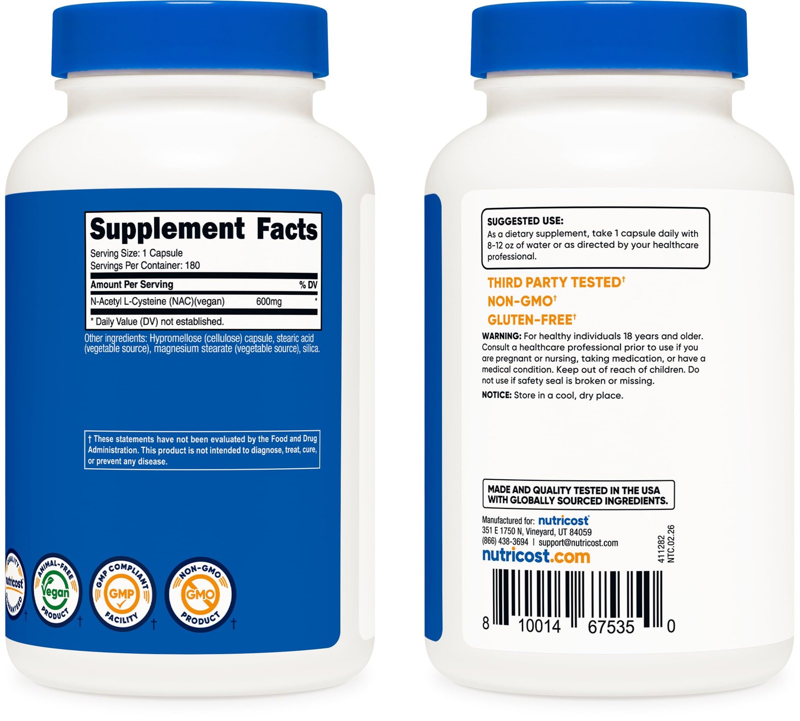 N-Acetyl L-Cysteine (NAC) 600mg, 180 Capsules 180 Count Gluten Free