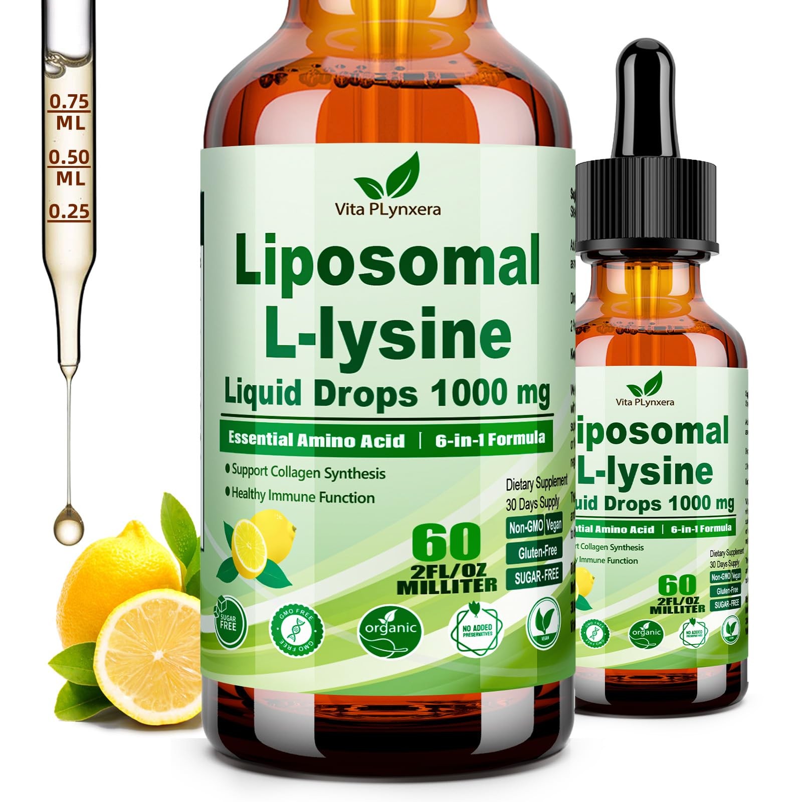 L-Lysine 1000mg Liquid Drops w. Monolaurin Olive Leaf 2 Fl Oz (Pack of 1)