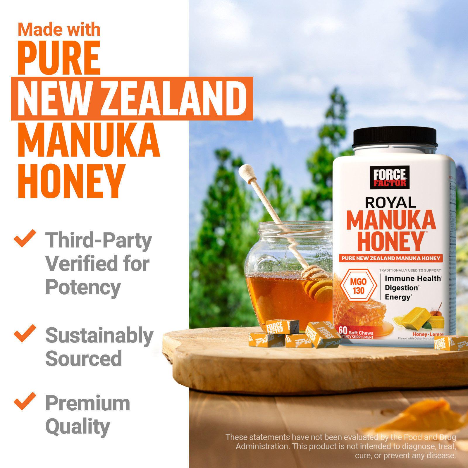 Force Factor Royal Manuka Honey MGO 130 Immune Digestion Energy 60 Soft Chews