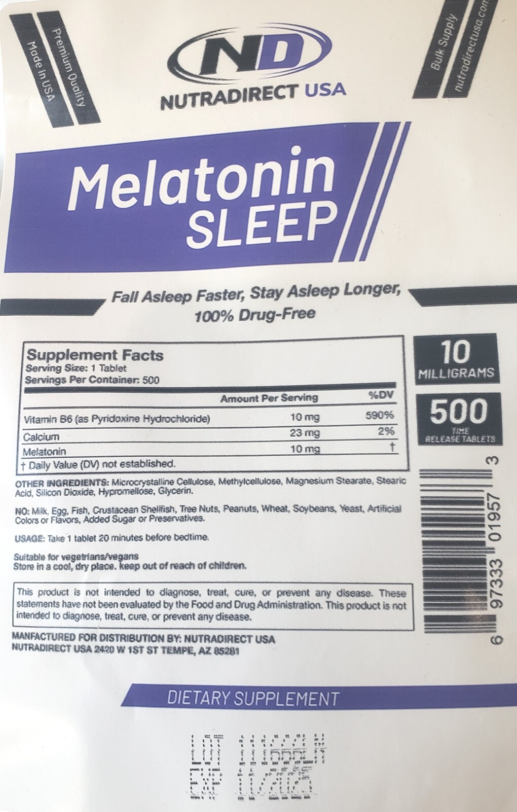 NutraDirect Melatonin 10mg TIME RELEASE Tablets – 1000 Tablets! EXP: MAR 2026
