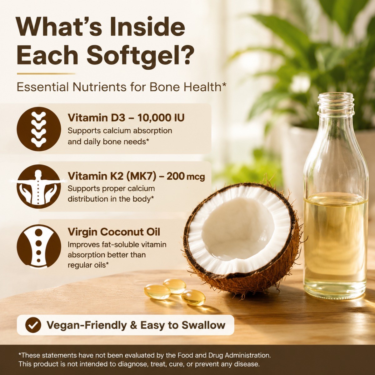 VEV D3 K2 Vitamin Supplement, Natural Virgin Coconut Oil Blend
