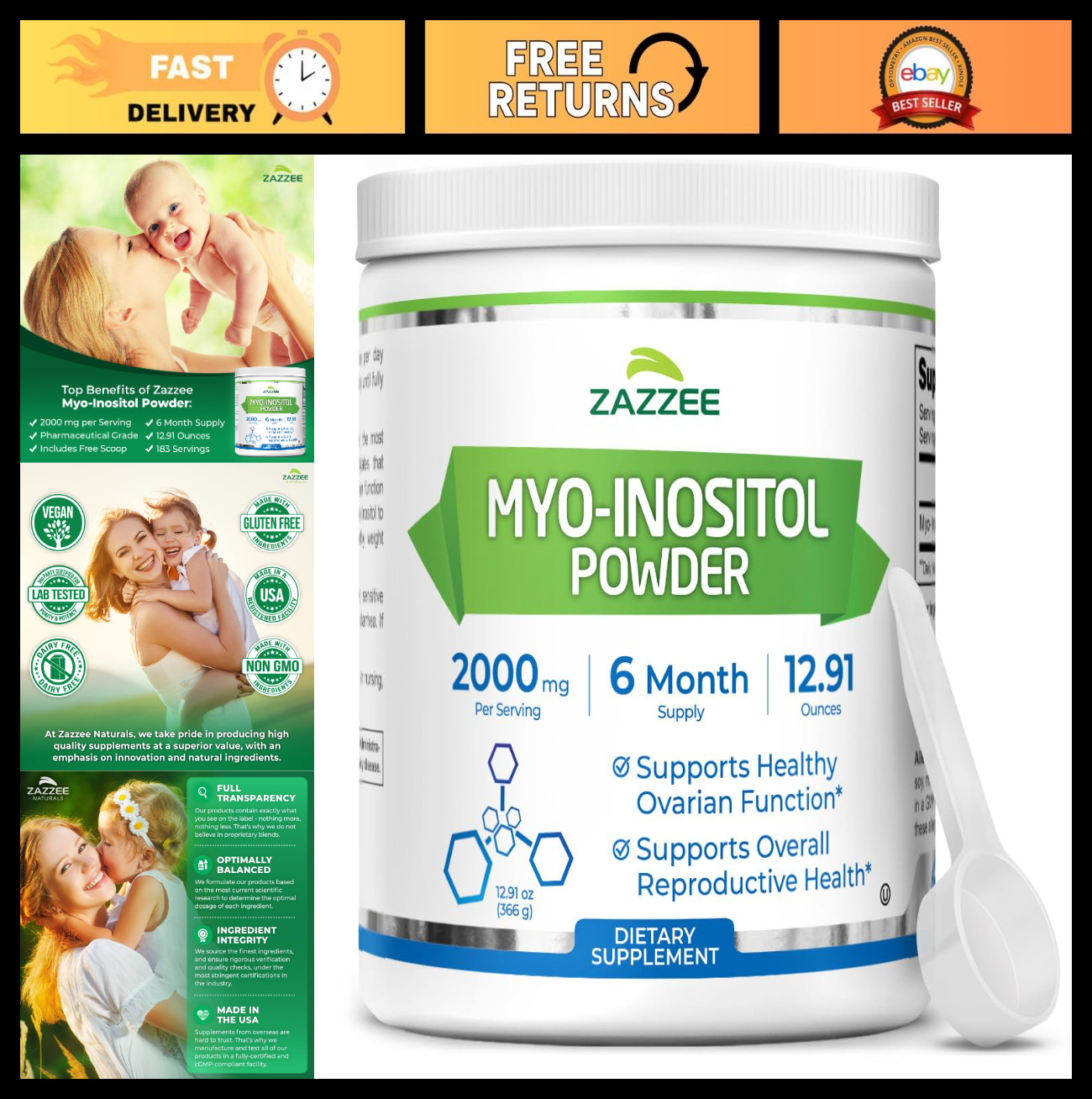 Myo-Inositol Powder 2000mg – 183 Servings, 6 Month Supply, Fertility Support, Pu