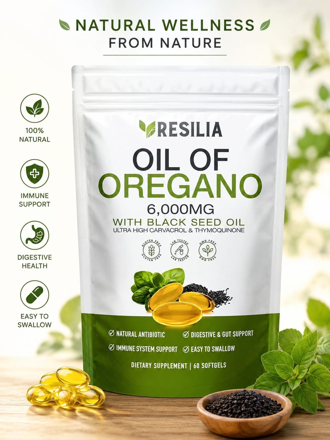 Oil of Oregano 6000mg with Black Seed Oil 60 Softgels Immune Digestive Support
