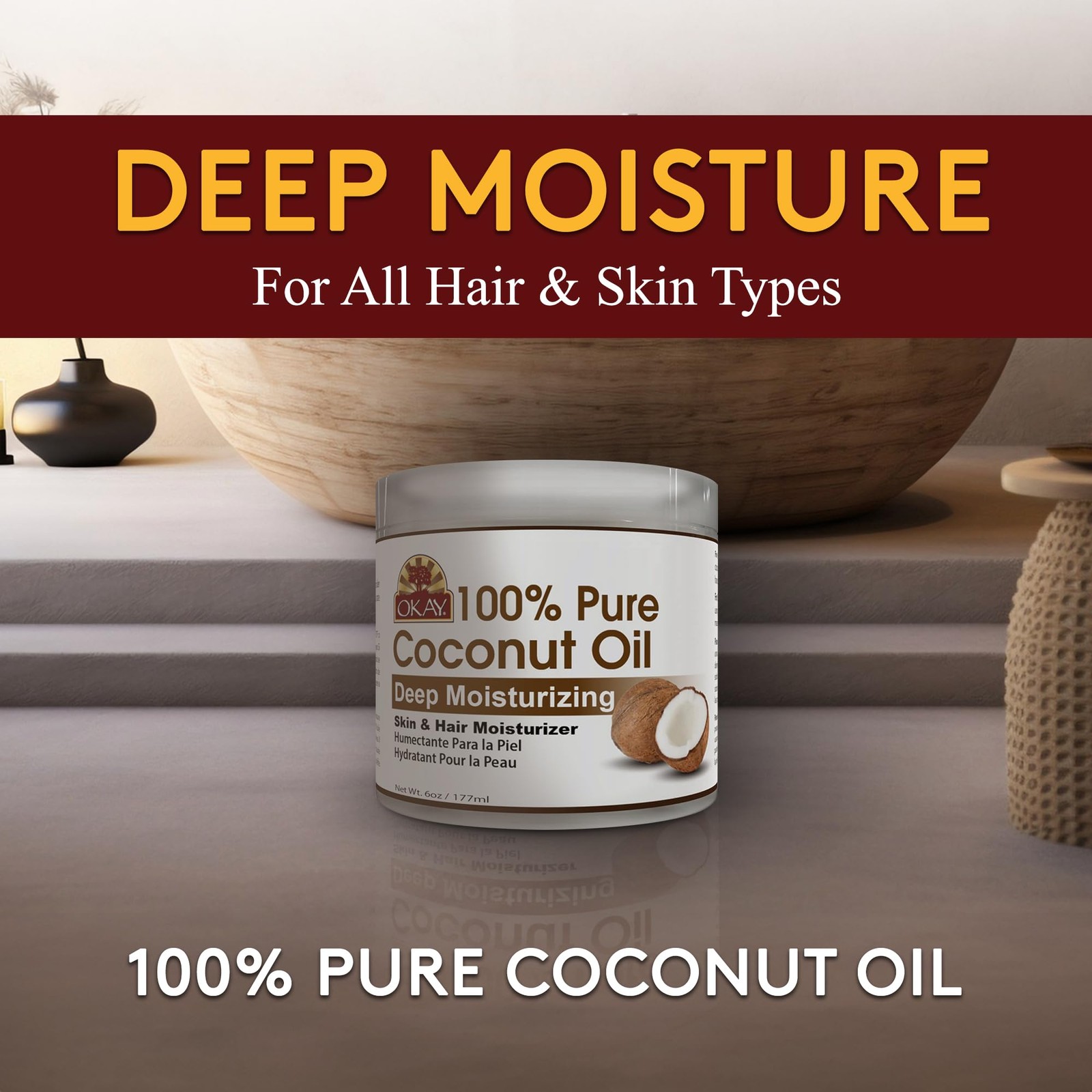 OKAY | 100% Pure Coconut Oil | For All Hair Textures & Skin Types | Moisturize –