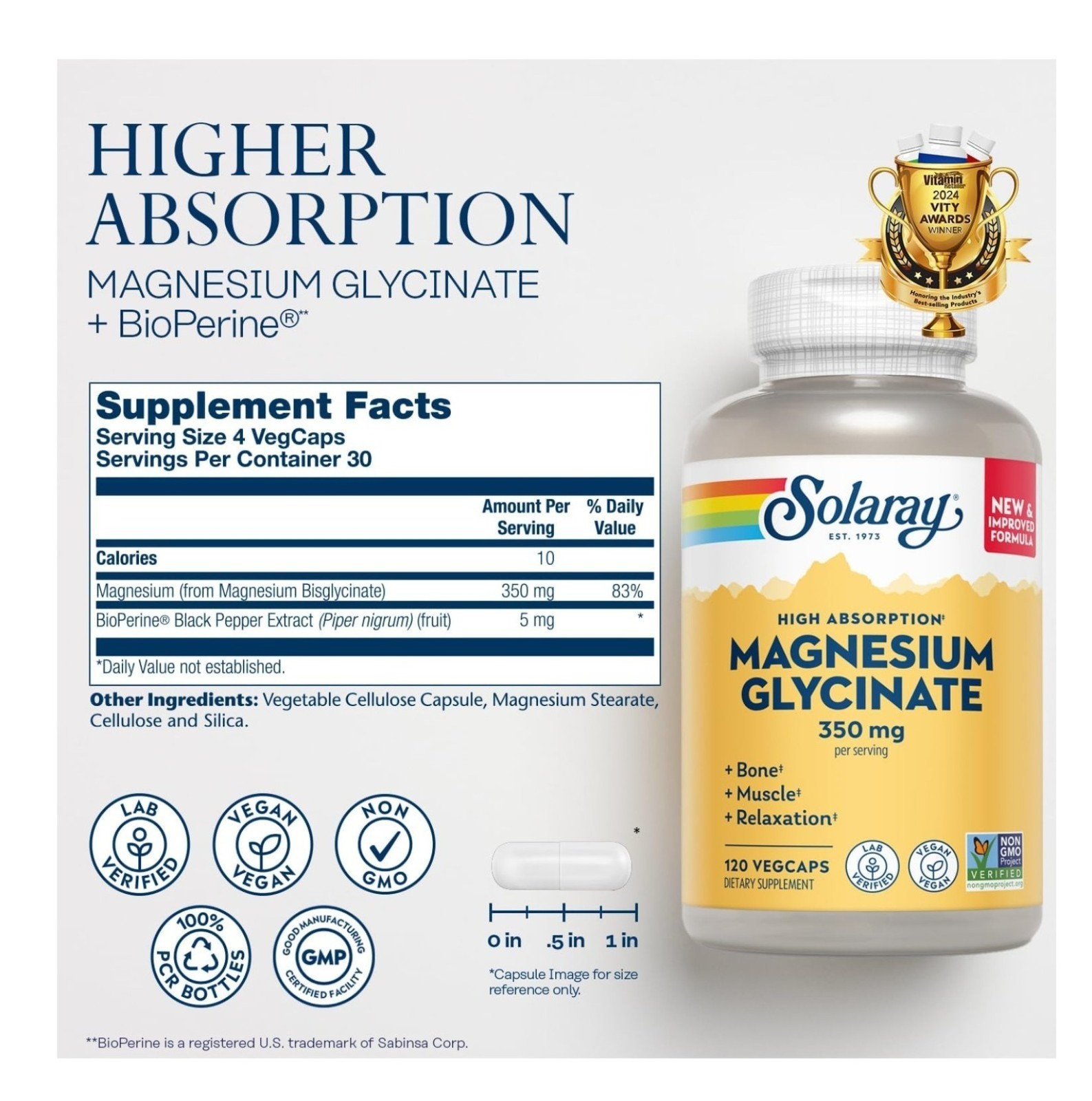 Solaray Magnesium Glycinate 350 mg 120 Capsules VegCaps Higher Absorption 2 Pack