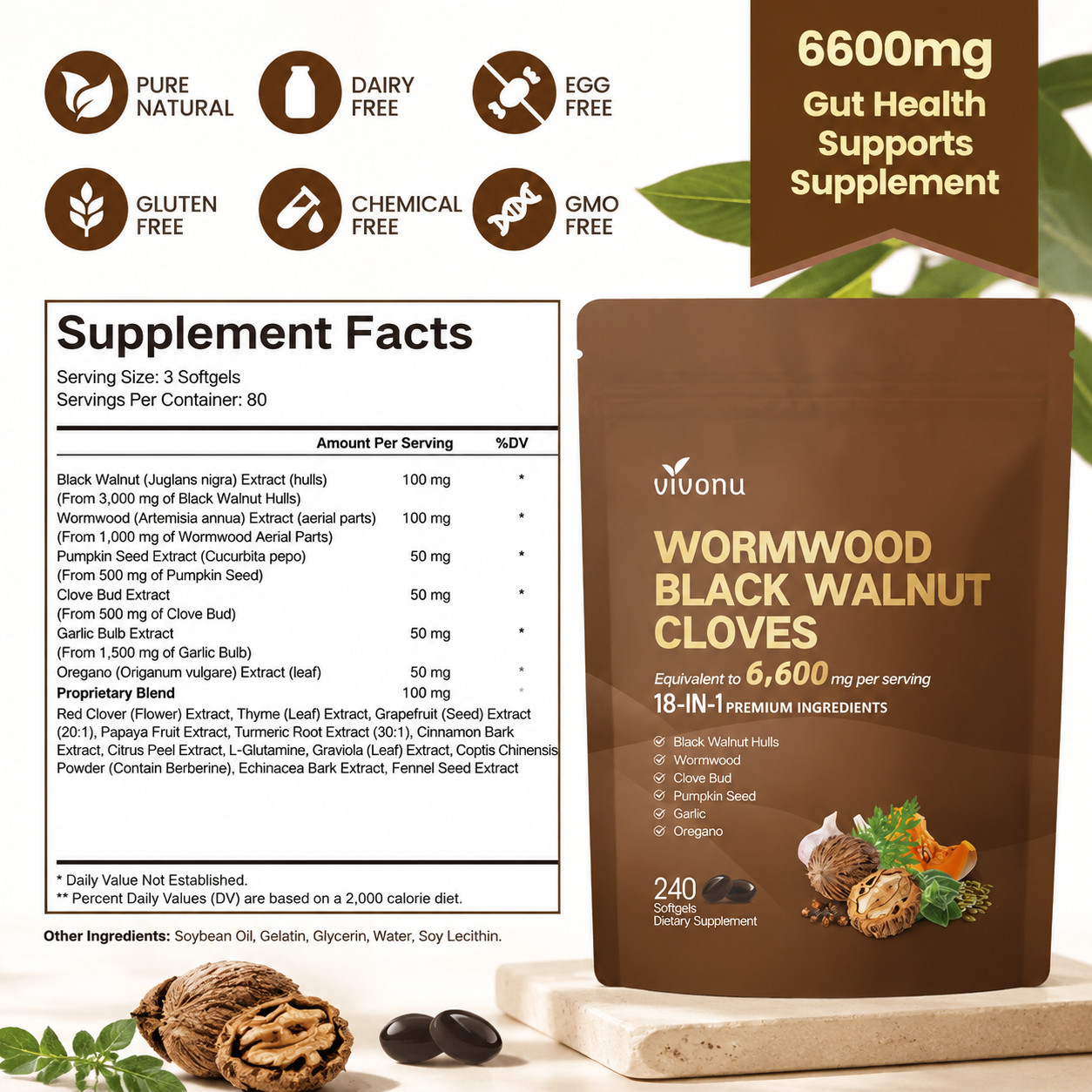 VivoNu Wormwood Black Walnut Clove 18-in-1 Herbal Gut Supplement 240 Softgels