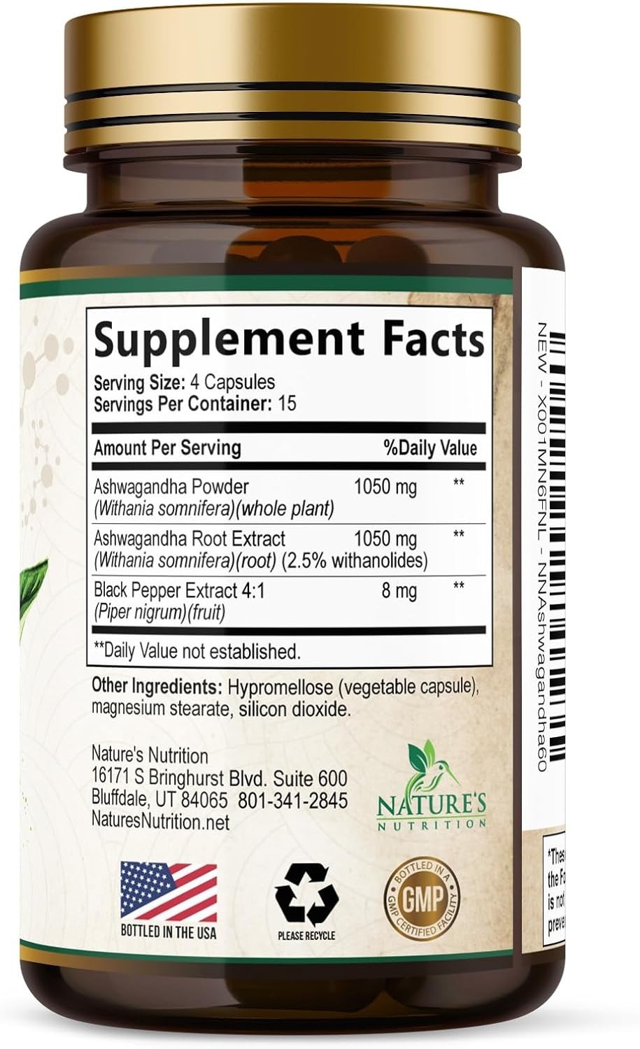 Organic Ashwagandha 2100mg, 60 Capsules w/ Black Pepper Root Supplement