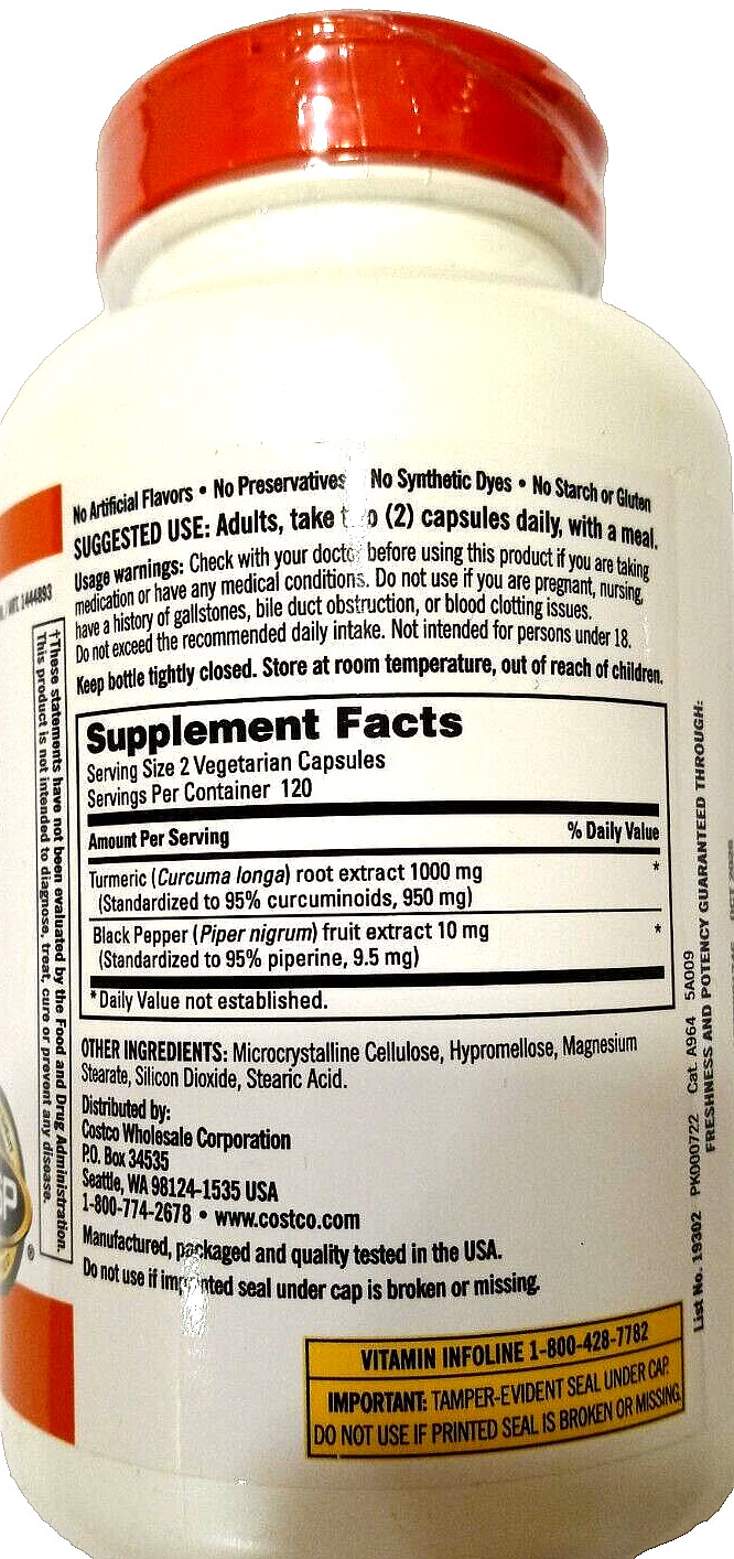 Kirkland Signature Turmeric 1000mg with Black Pepper 240 Capsules EXP 10/2025