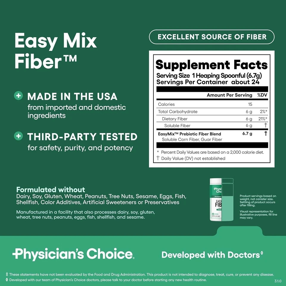 Physician’s CHOICE Easy Mix Fiber for Digestive Health & Regularity – No Grit, S