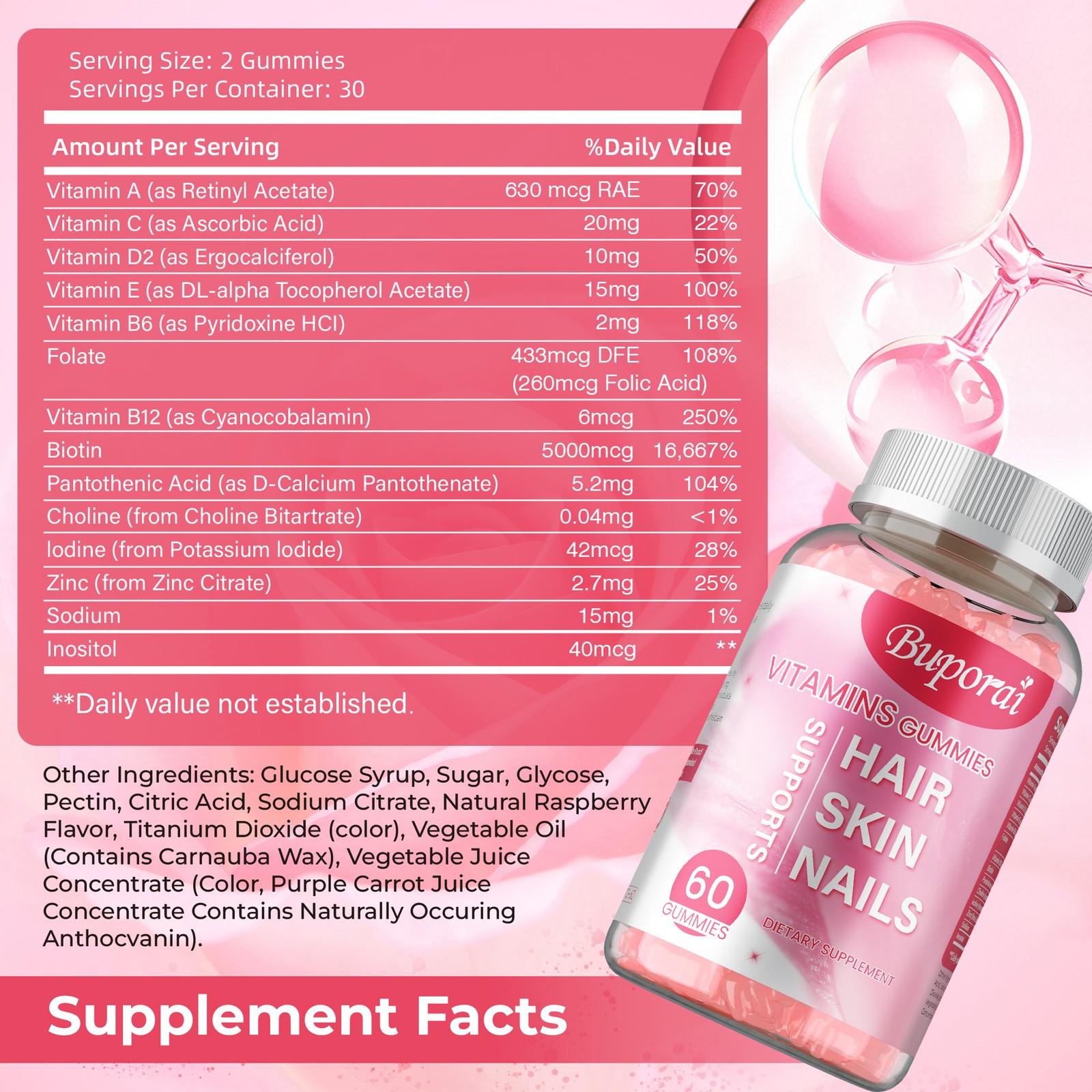 Hair Skin and Nails Gummies – Supports Healthy Hair, Vegetarian Biotin, Vitamins