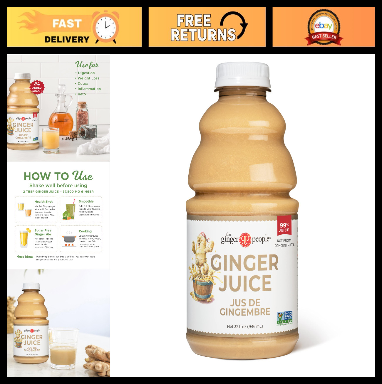 99% Pure Ginger Juice – Digestive Health, Premium Quality, 32 Fl Oz, Natural Wel