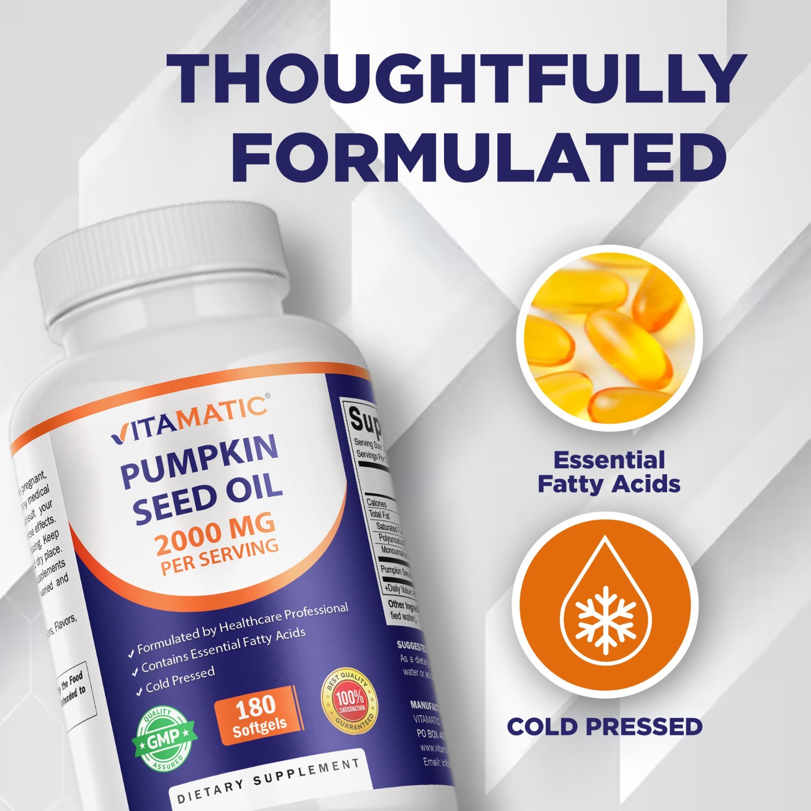 Vitamatic Pumpkin Seed Oil 2000mg Softgel Capsules per serving – 180 Softgels
