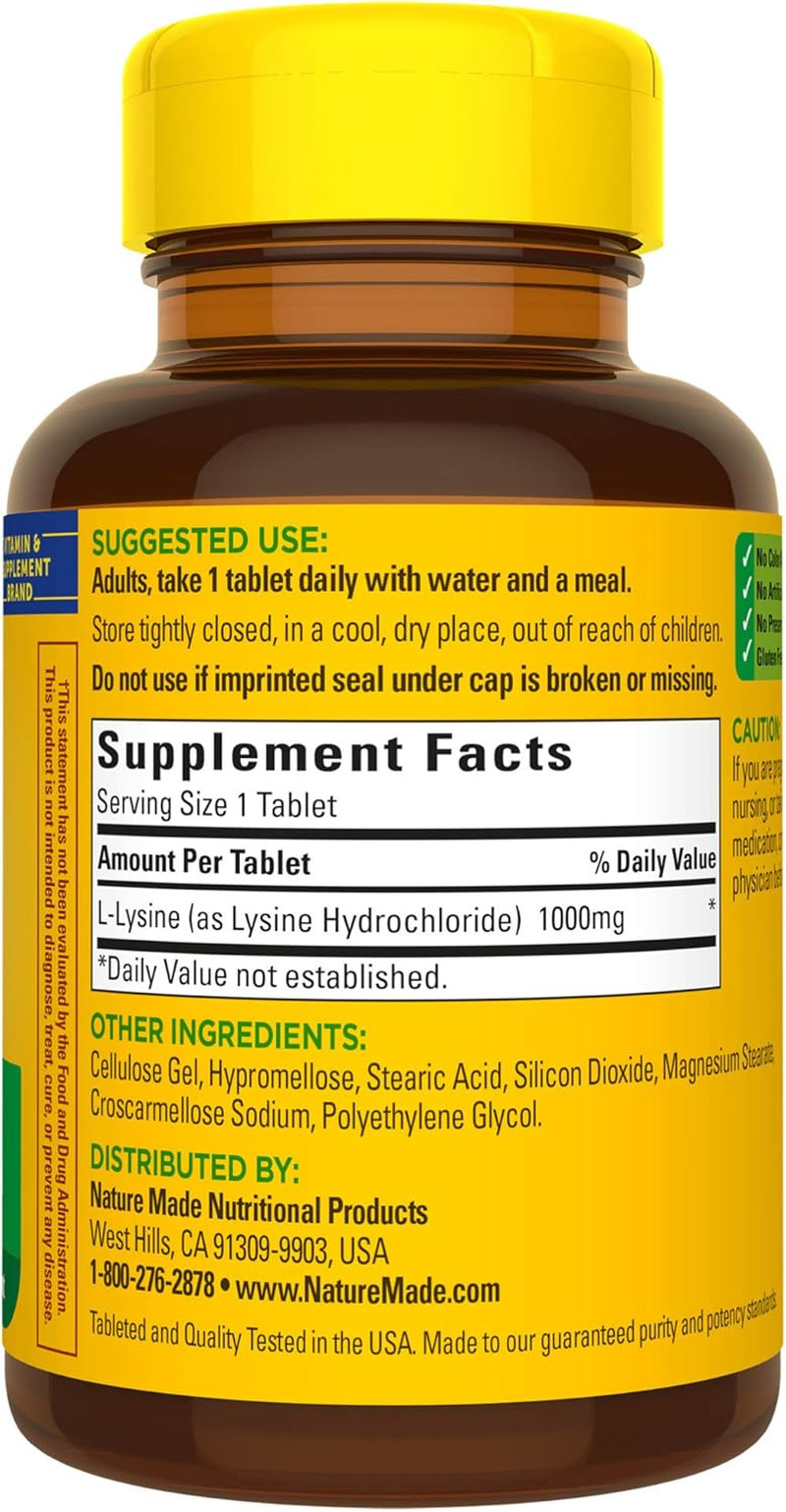 L-Lysine 1000 Mg, Dietary Supplement, 60 Tablets, 60 Day Supply