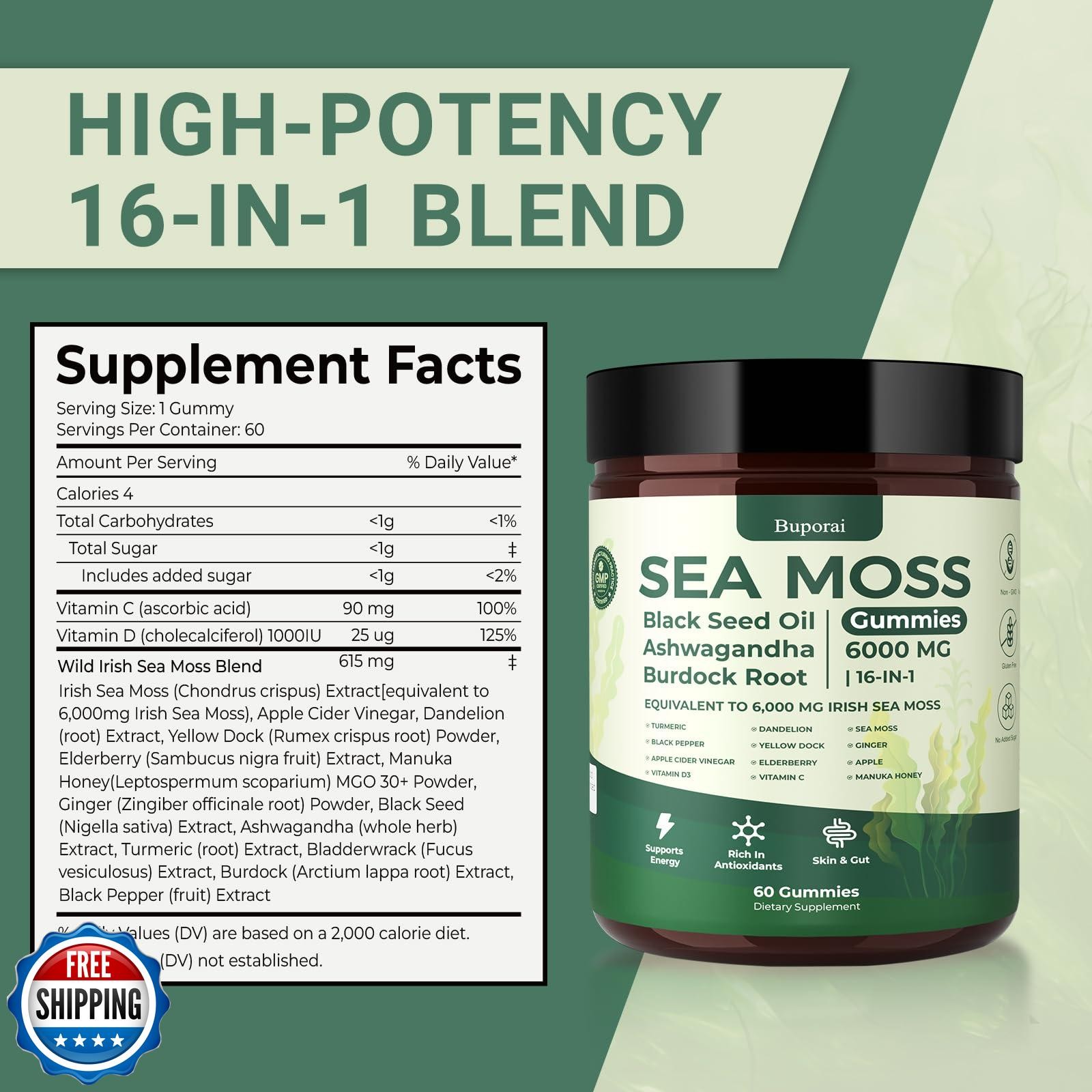 Buporai Sea Moss Gummies 16-1, Black Seed Oil Ashwagandha Turmeric Bladder Wr