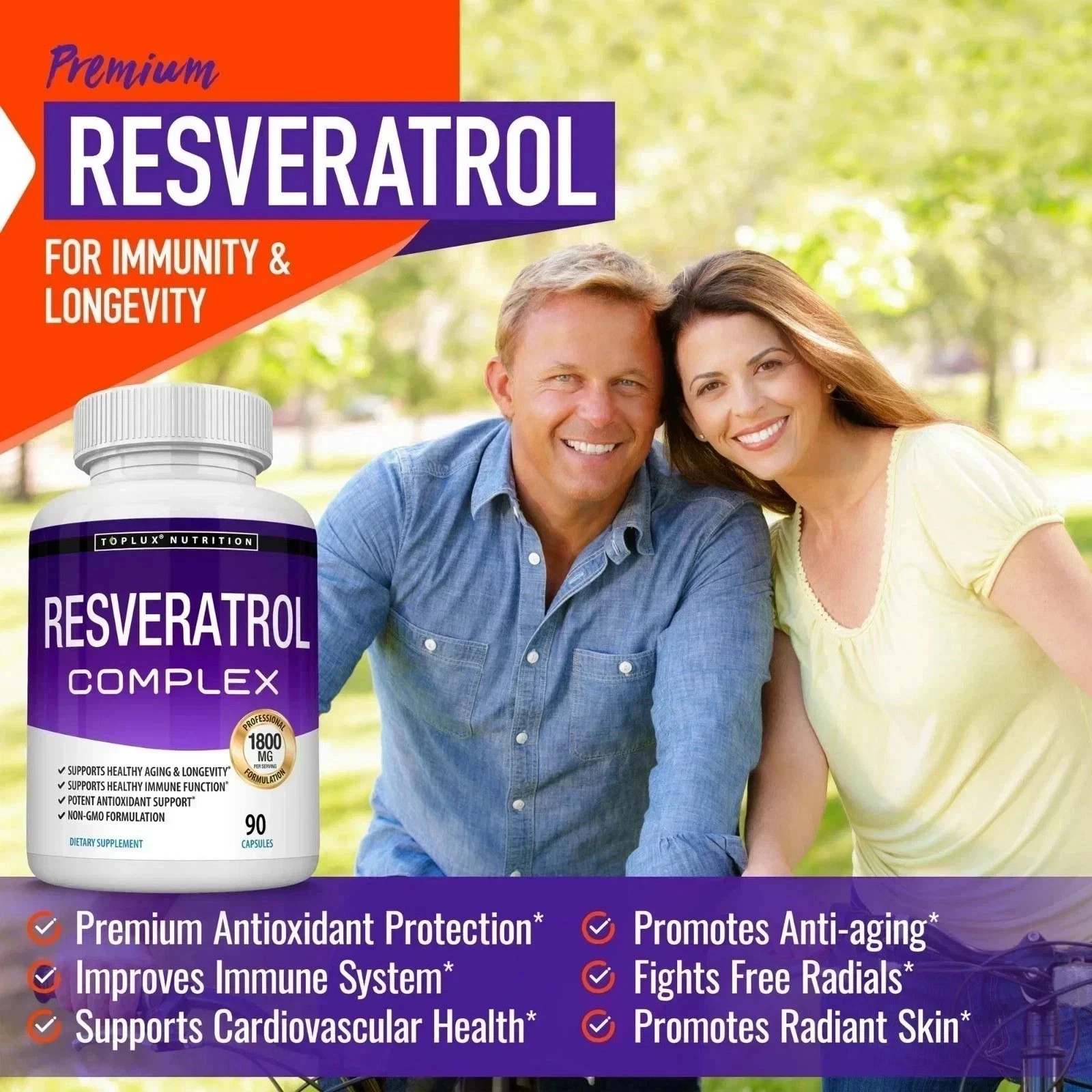 Resveratrol Supplement 1800 mg Antioxidant Complex – Highly Potent Natural
