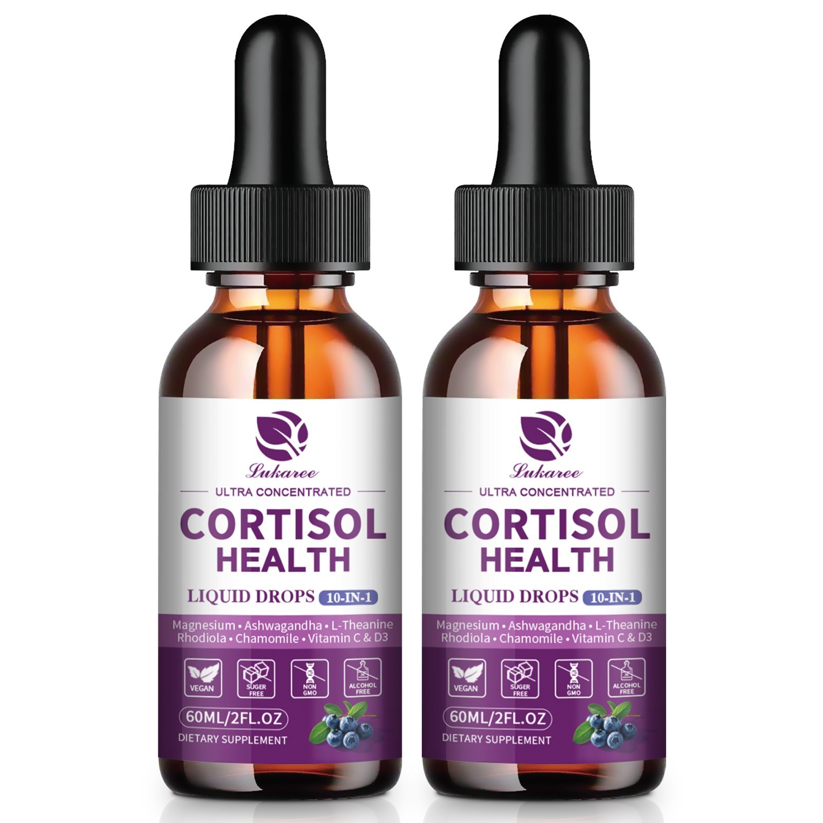 2x60ml Cortisol 10-IN-1 Supplement Liquid with Magnesium Ashwagandha L-Theanine